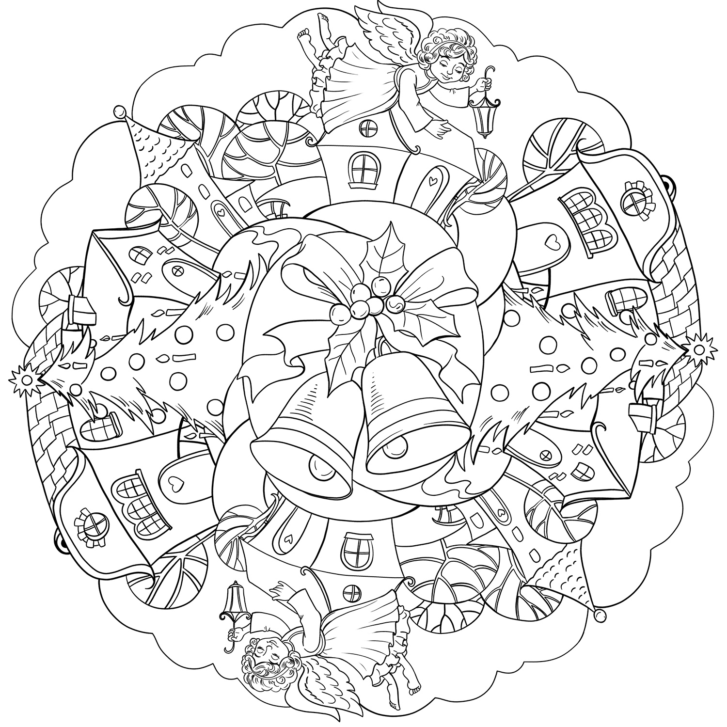Christmas Mandala with Bell and Angel in Town
